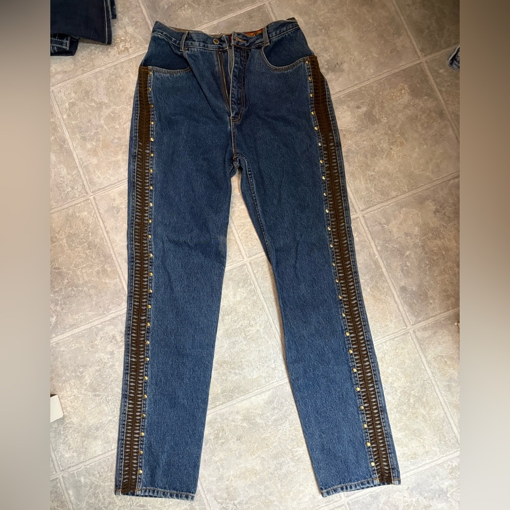 Relaxed fit  Dark Blue Jeans with Brown & Gold Side Trim